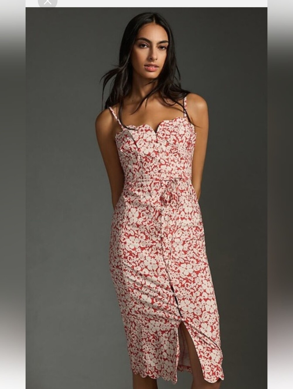 Anthropologie Red and Cream Floral Sweetheart-Strap Midi Dress
